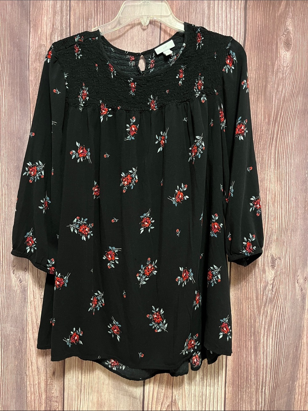 J. Jill Black Three Quarter-Sleeve Floral Smocked Yoke Top - Picture 5 of 7